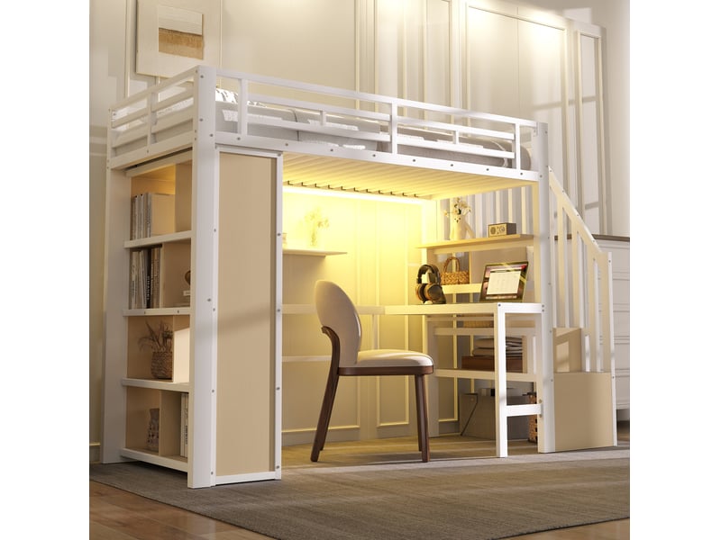 Lit mezzanine 90x200 cm en métal avec bureau, rangements et led, blanc - Conforama D