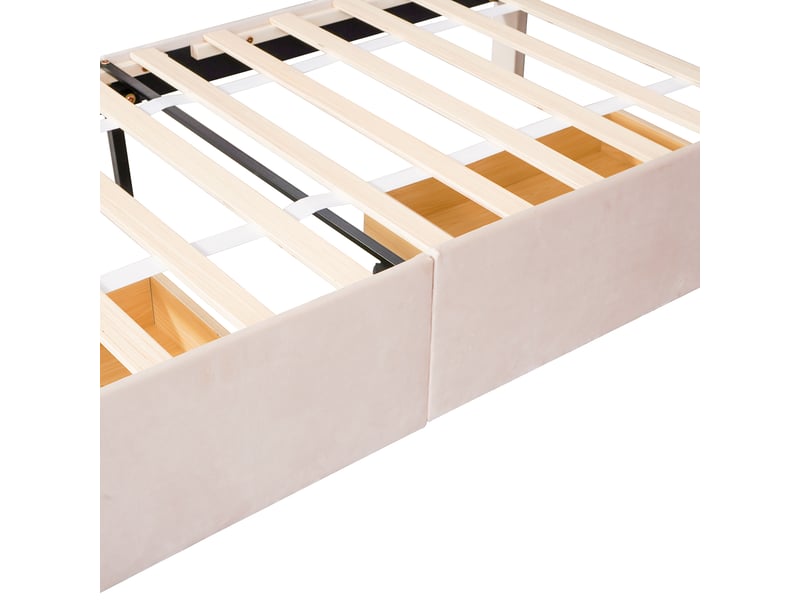  Lit enfant 90x200 cm avec 2 tiroirs, tête de lit réglable et sommier, velours, beige foncé, sans matelas  - Conforama E