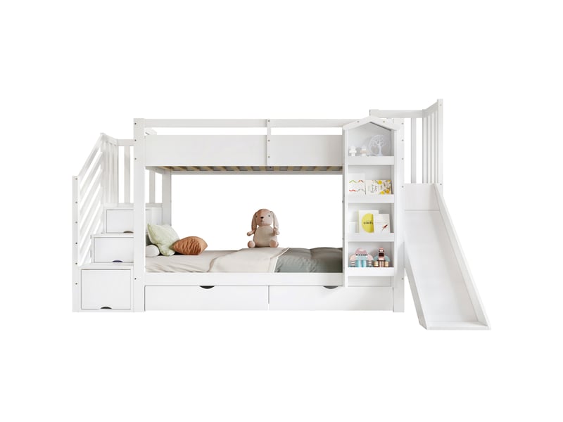  Lit superposé enfant 90x200 cm blanc avec toboggan, rangements et étagère  - Conforama A