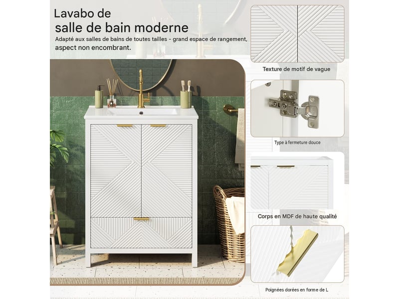  Meuble sous-vasque avec vasque en céramique 2 portes 1 tiroir blanc 61x47x87 cm N888P48778283W - Conforama E