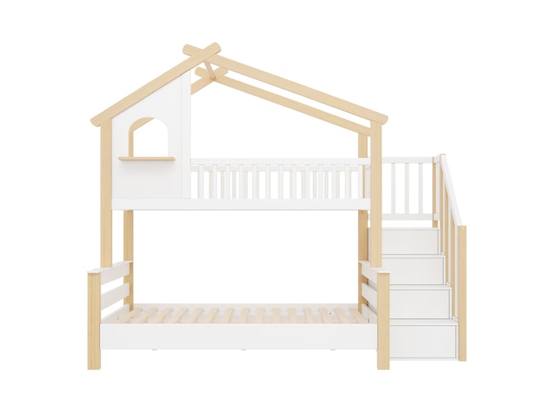 Lit superposé enfant 90x190 et 120x190 cm avec escalier de rangement, blanc et naturel - Conforama A