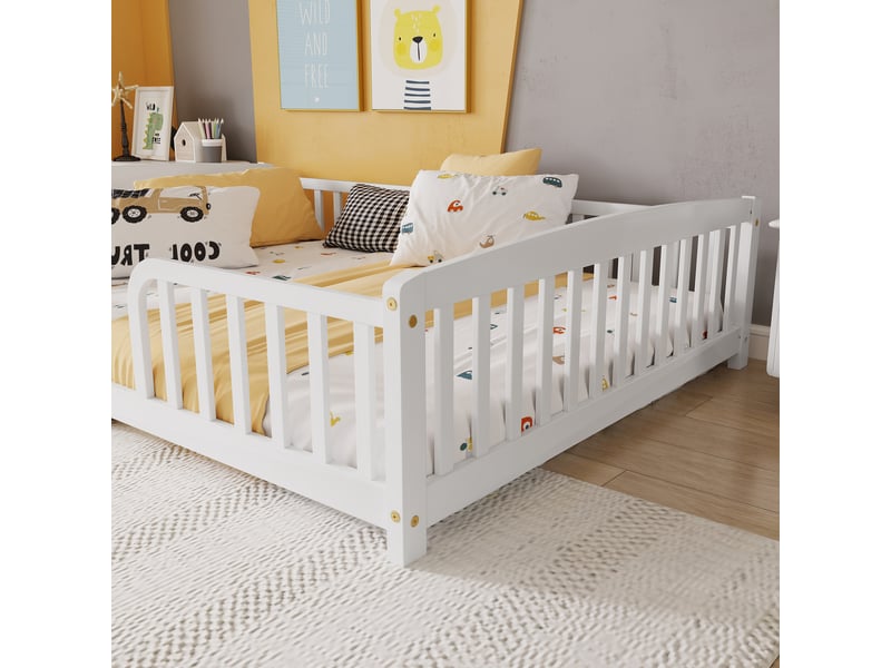  Lit au sol enfant 140x200 cm avec barrière de sécurité - lit montessori blanc en bois de pin  - Conforama W