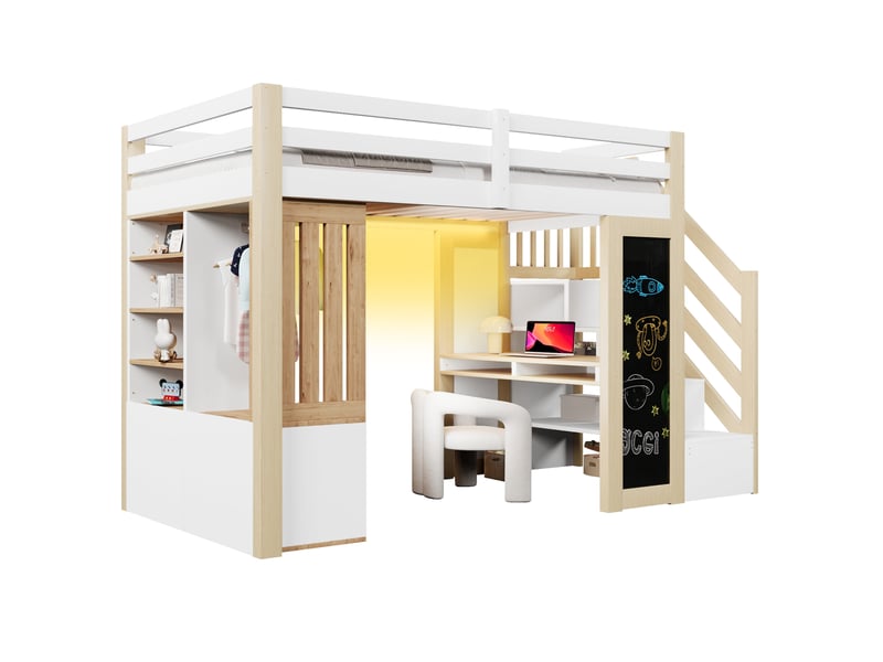  Lit mezzanine 90x200 cm, bureau, armoire, rangements, escalier, led, tableau, mdf et bois, blanc et naturel sans matelas  - Conforama A