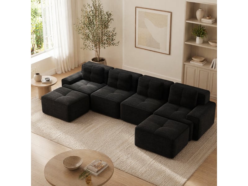  Canapé modulable 4 places avec chaise longue en u en velours côtelé noir - 382 x 177 x 69 cm  - Conforama D