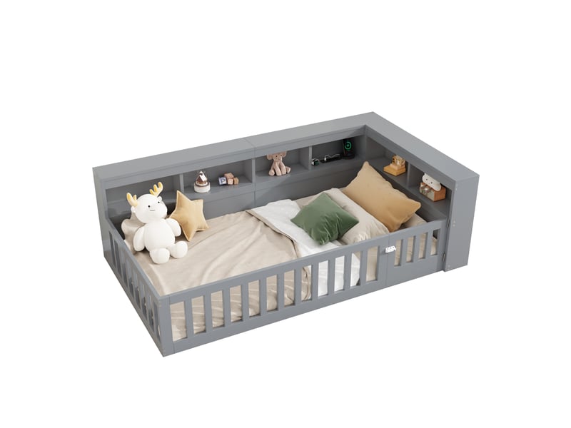  Lit enfant 90x200 cm, canapé-lit,  rangement, prise et usb, sommier, aggloméré, gris, sans matelas  - Conforama A