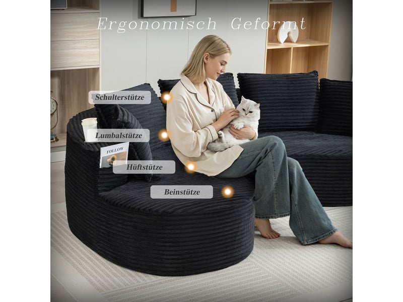  Canapé revêtement en velours côtelé toucher doux respirant porte-gobelet intégré poche de rangement mousse haute densité coussins inclus  - Conforama D