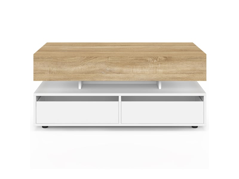  Table basse plateau relevable rectangulaire elsa 90 cm 4 tiroirs avec led en bois blanc et plateau façon hêtre  - Conforama C