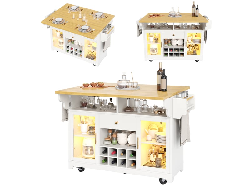 Îlot de cuisine sur roulettes avec led rgb, plateau rabattable des deux côtés, range-bouteilles et étagères réglables, bar mobile - blanc - Conforama A