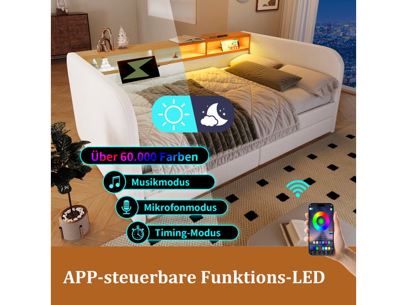  Lit double 140x190 capitonné avec led, tête de lit de rangement et 2 tiroirs, tissu lin beige clair  - Conforama D