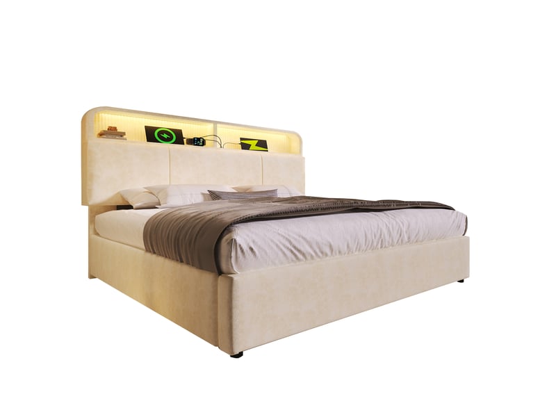 Lit coffre rembourré 160x200 cm, rangement hydraulique, tête de lit réglable, led 16 couleurs, 3 usb et 1 usb-c, velours - beige - Conforama A