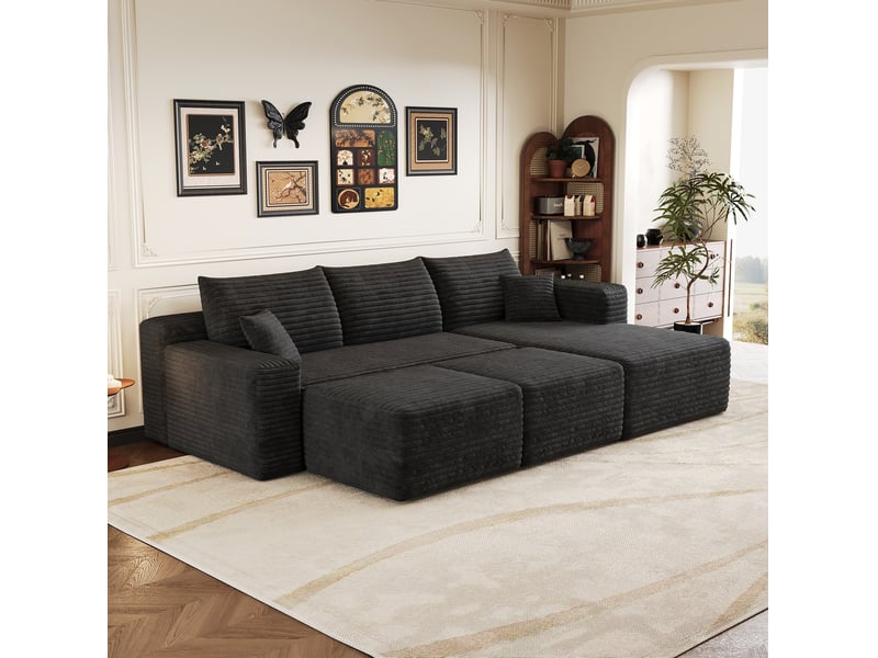 Canapé d'angle 241x151x84 cm 5 places en corduroy noir  - Conforama E