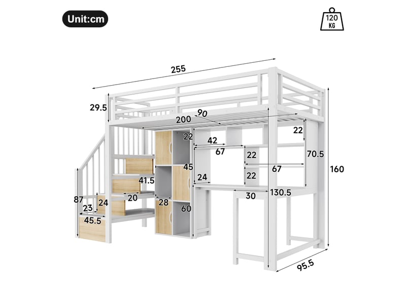 Lit mezzanine 90 x 200 cm avec bureau, led et escalier avec rangement, lit simple en métal blanc avec étagères et placards intégrés - Conforama D
