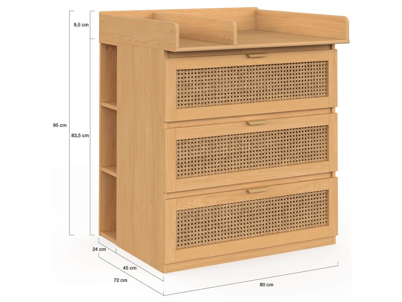  Commode à langer évolutive edhen bois et cannage 3 tiroirs, table à langer et 2 étagères amovibles  - Conforama E