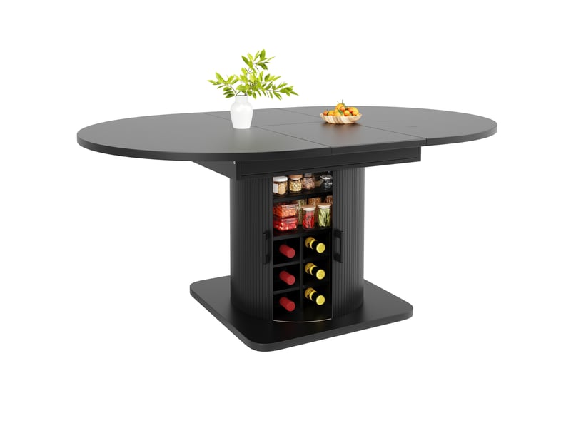  Table à manger extensible 118-158x118x76cm table de cuisine avec rangement, finition noire, dessus aggloméré, plateaux amovibles, cadre en métal  - Conforama A