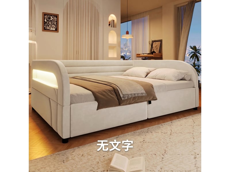 Lit coffre 140x200 avec éclairage led et rangement hydraulique, beige - Conforama D