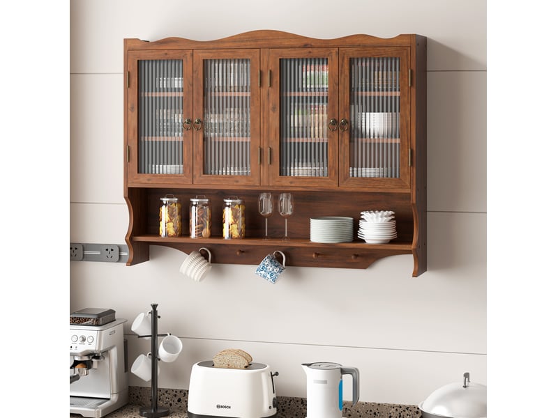Armoire murale rétro 100x20x80 cm, 4 portes, crochets, rangement amovible, meuble rangement cuisine, bois, marron - Conforama D