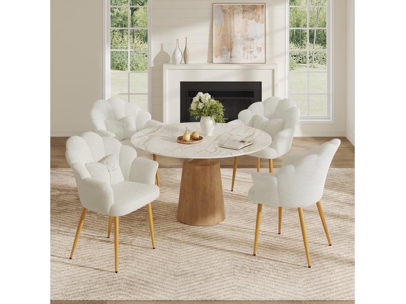  Lot de 4 fauteuils de salle à manger 64x65,5x85 cm avec dossier en forme de pétales, pieds en métal doré, blanc  - Conforama B
