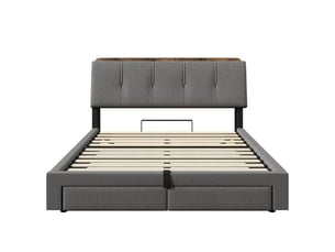 Lit coffre 140x200cm - 2 places pour adulte - rangement hydraulique - charge usb type-c - éclairage led - lin