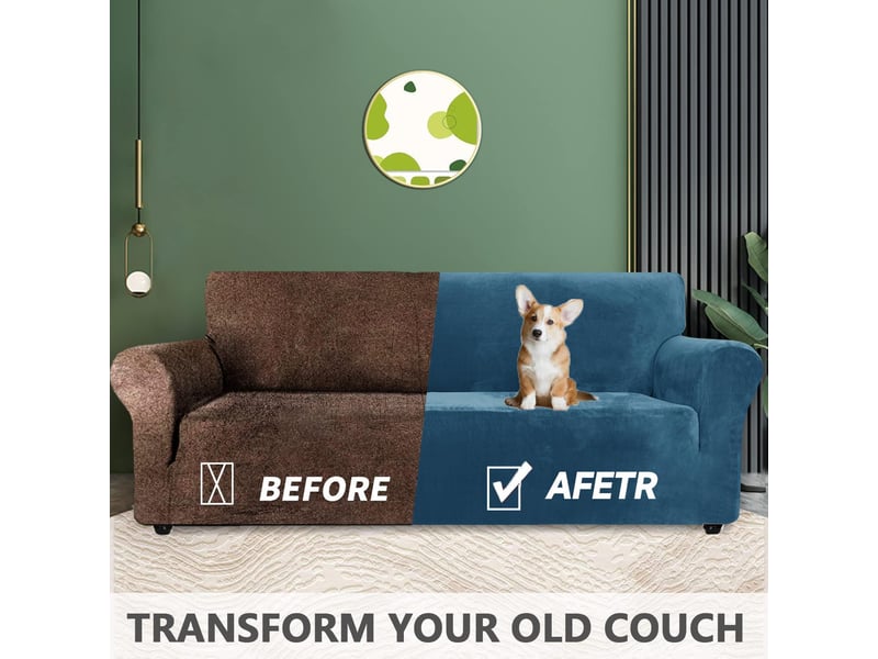 Housse de canapé en velours 4 places(231-279cm), sofa cover extensible,  bleu paon  - Conforama C