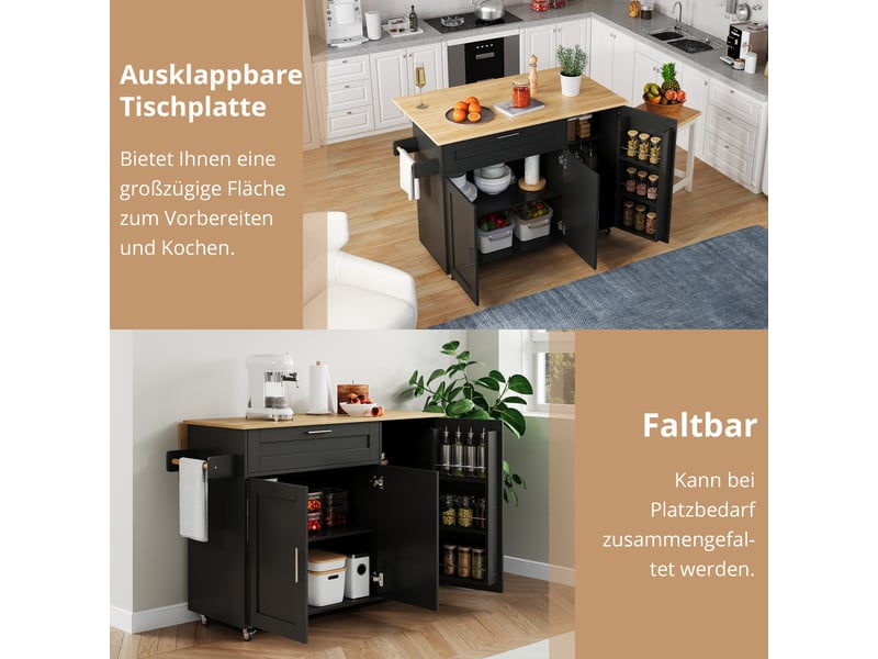  Desserte de cuisine 132,5x44-70,5x90 cm, plan rabattable 120x44-70 cm, 5 roulettes dont 2 freinées, mdf, noir et naturel  - Conforama E
