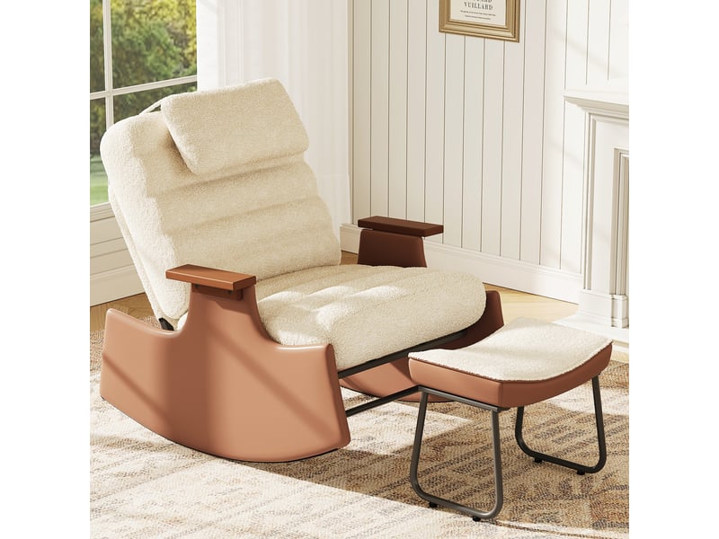  Fauteuil à bascule en laine d'agneau avec repose-pieds - 81.5 x 51.5 x 81 cm-beige - chaise berçante ergonomique avec dossier réglable  - Conforama D