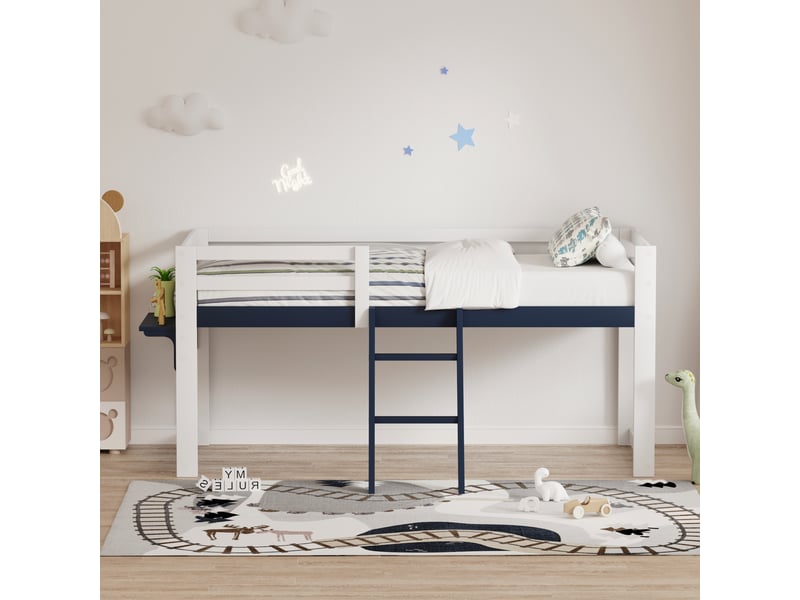  Lit mezzanine 90x200 cm, structure en pin massif, coloris bleu, échelle fixe, garde-corps, sommier à lattes inclus, sans sommier tapissier  - Conforama D