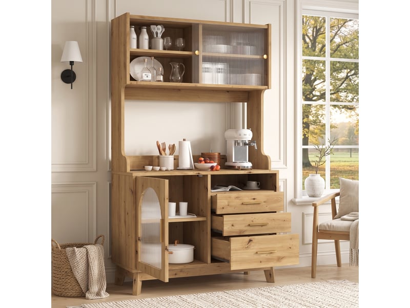 Buffet haut avec rangements et prises usb-a et usb-c pour cuisine en panneaux de particules 100,5×40×178 cm bois - Conforama B