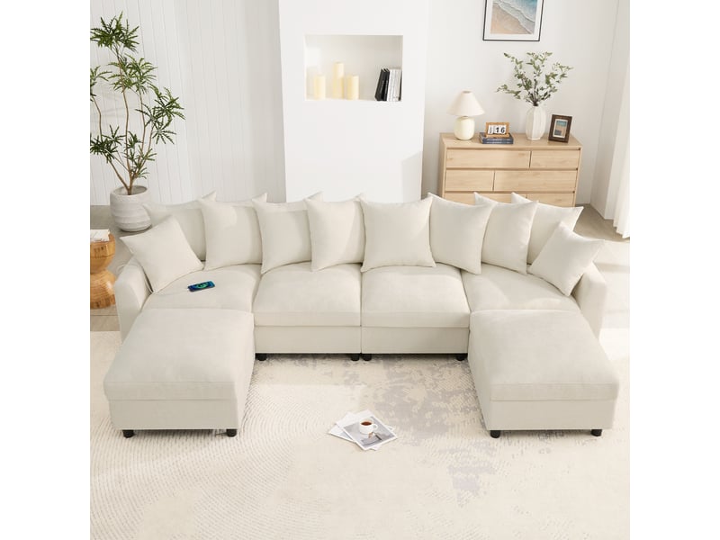  Canapé d'angle, canapé modulable, 6 places, en chenille, beige, repose-pieds, pour salon et séjour, usb  - Conforama C