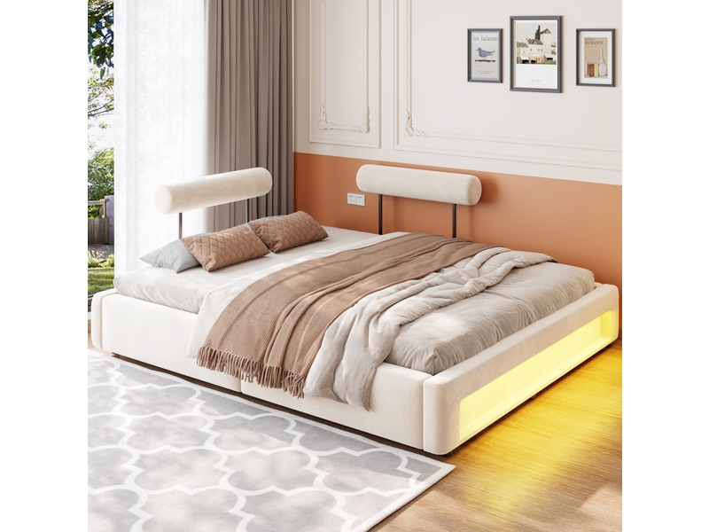  Lit 160x200 cm rembourré avec 2 dossiers réglables et led, velours beige  - Conforama B