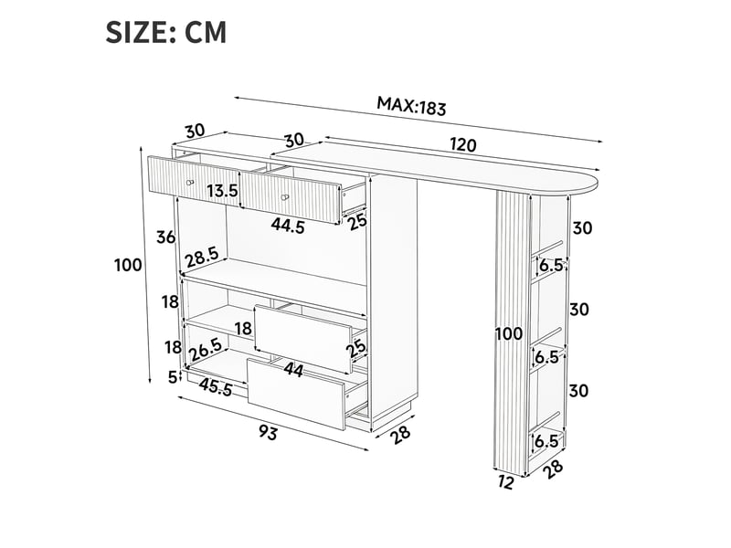  Îlot de cuisine 120x30x100 cm avec rangement, table bar pivotante 360° avec led, tiroirs, portes coulissantes et étagères - blanc  - Conforama C