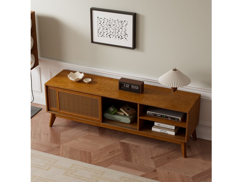  Meuble tv tcqpz 150 x 40 x 50 cm pour tv jusqu'à 65 pouces en bois et mdf coloris bois foncé  - Conforama D