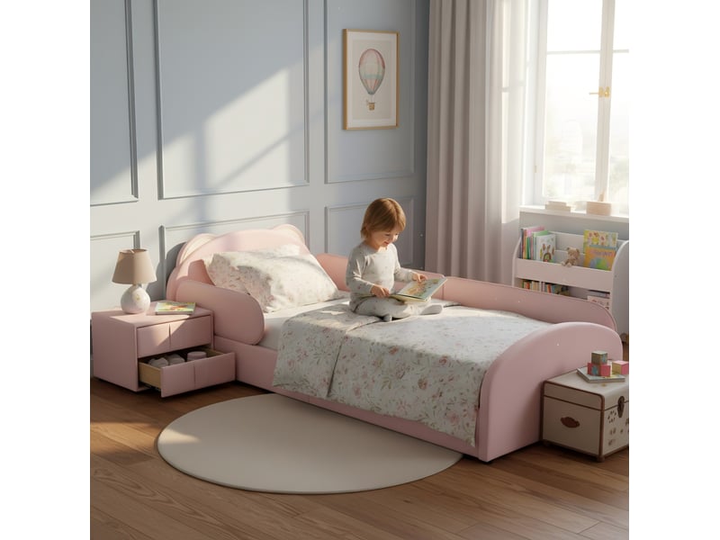  Modenvie lit enfant 90x200 cm - tete de lit ourson, table de chevet incluse - sans matelas - rose  - Conforama E
