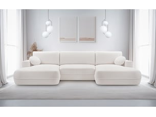 Canapé d'angle panoramique convertible <strong>AX LIVING </strong> <strong>Peoni</strong> 5 places Velours blanc avec coffre de rangement