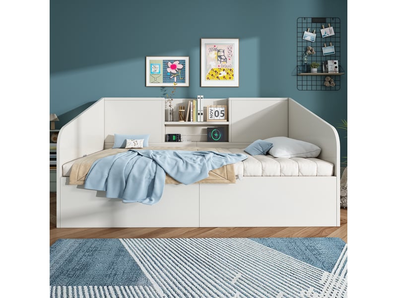  Lit une place 90x190 cm en bois avec rangement hydraulique, 2 étagères, ports usbtype-c et sommier à lattes inclus - blanc  - Conforama D