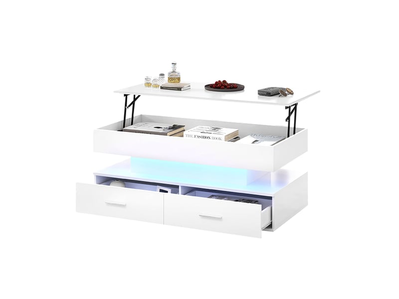  Table basse relevable hydraulique avec led et bluetooth – blanche – 100 x 50 x 44 cm  - Conforama A