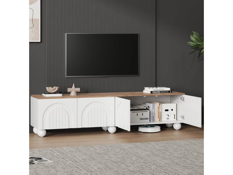 Meuble tv bas 180x40x45 cm pour écran jusqu’à 80 pouces, meuble télévision avec 4 portes push-to-open, 6 pieds boule en métal, mdf, blanc et bois OPULERANE TRADING LTD - Conforama D