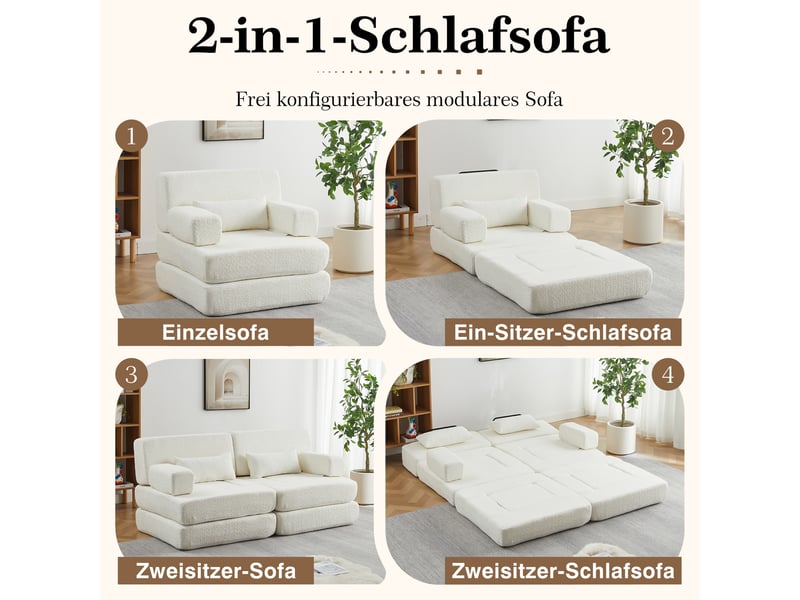  Canapé convertible 2-en-1 1 place 90 x 90 x 80 cm avec couchage pliant, dossier réglable et structure en fer, chenille, beige OMNIGLINT TRADING LTD - Conforama E