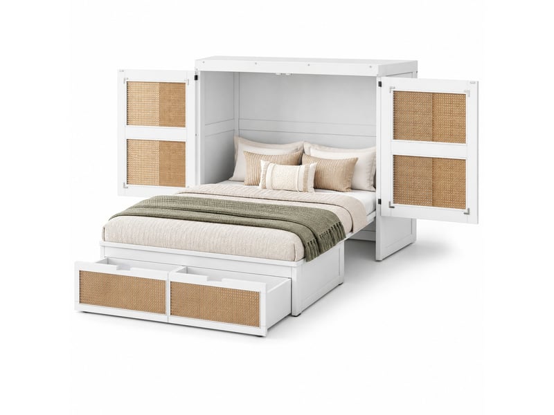 Lit escamotable 140x200 cm, rangements et 2 tiroirs, bois coloris blanc, sans matelas - Conforama A