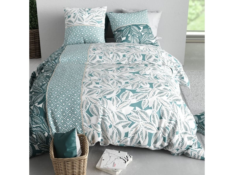  Parure housse de couette 260x240cm + 2 taies motif feuillage vert et blanc 100% coton - olize OLIZE - Conforama C