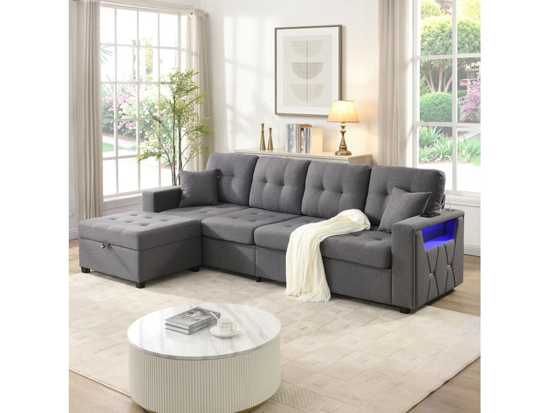  Canapé d'angle 4 places modulaire avec pouf coffre mobile, rangements, ports usb et led, en tissu gris antique  - Conforama D