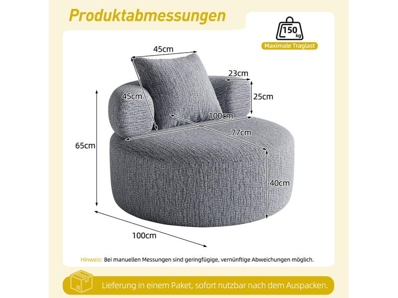  Fauteuil relax rond 100x100x65 cm en chenille gris avec coussin  - Conforama C