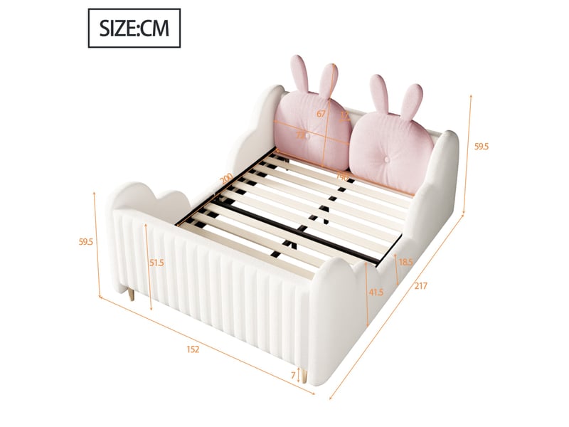  Lit enfant 140x200 cm – lit double 140x200 - avec oreiller en forme de lapin et barrières latérales en nuage - tissu velours  - blanc  - Conforama C