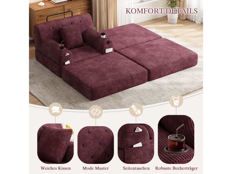  Fauteuil convertible 1 place avec fonction couchage, dossier haut, 4 poches, 2 porte-gobelets, en velours côtelé bordeaux  - Conforama E