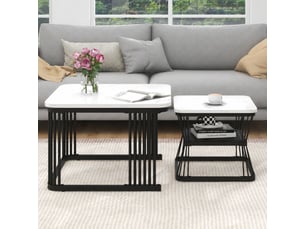 Lot de 2 tables basses modernes en mdf effet marbre, piètement acier, 65 et 45 cm, blanc