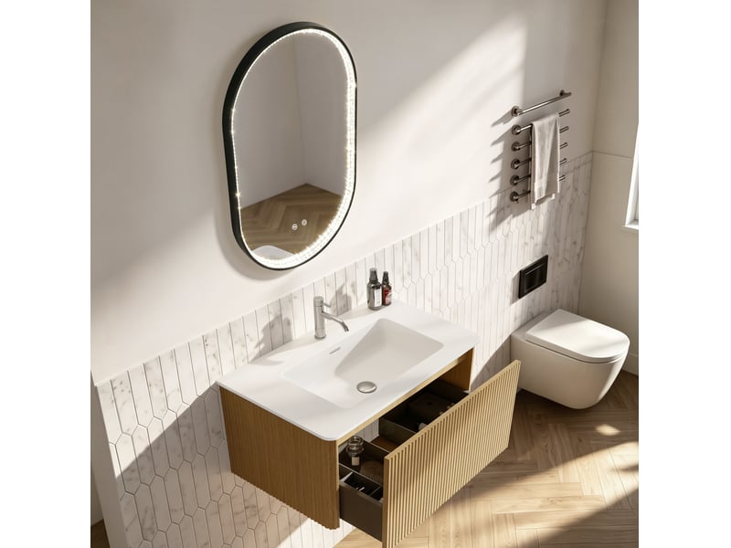 Meuble de salle de bain suspendu 81 x 46,5 cm – coloris chêne – vasque intégrée, miroir led antibuée, prémonté - Conforama B