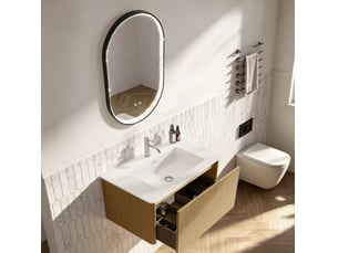 Meuble de salle de bain suspendu 81 x 46,5 cm – coloris chêne – vasque intégrée, miroir led antibuée, prémonté