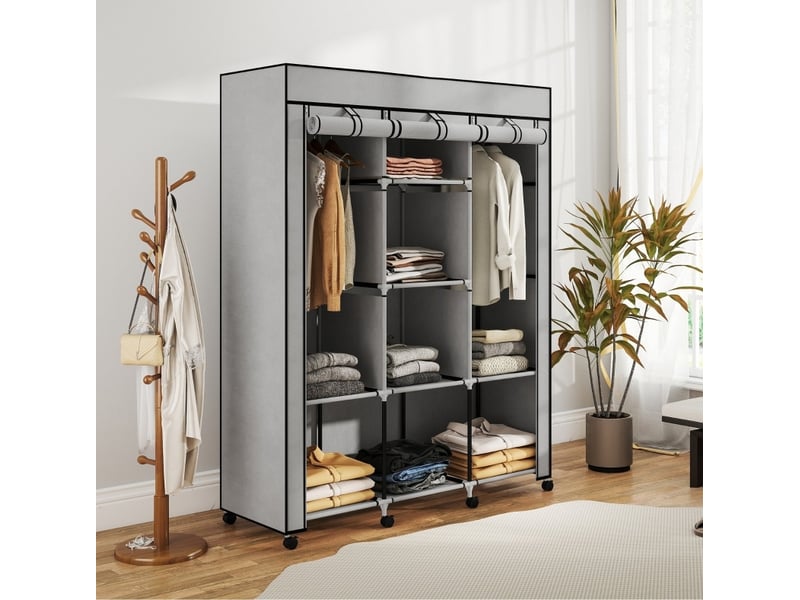  Armoire en tissu avec 8 étagères et 2 tringles, fermeture zippée, pour chambre, gris clair, 125 × 43 × 162,5 cm  - Conforama D