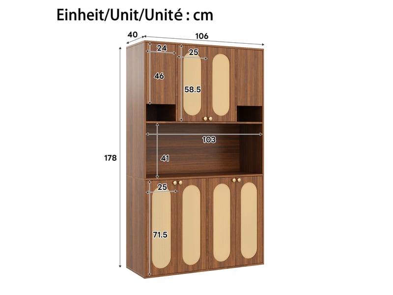 Armoire haute 8 portes avec bar led réglable, mdf et rotin pe, naturel - Conforama C