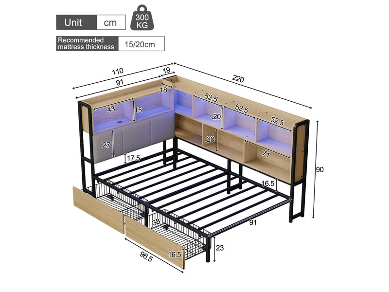  Lit rembourré 90x200 cm avec éclairage led, charge usb et typeec, lit enfant avec 2 tiroirs rangement, mdf et métal,naturel BUBBLY - Conforama C