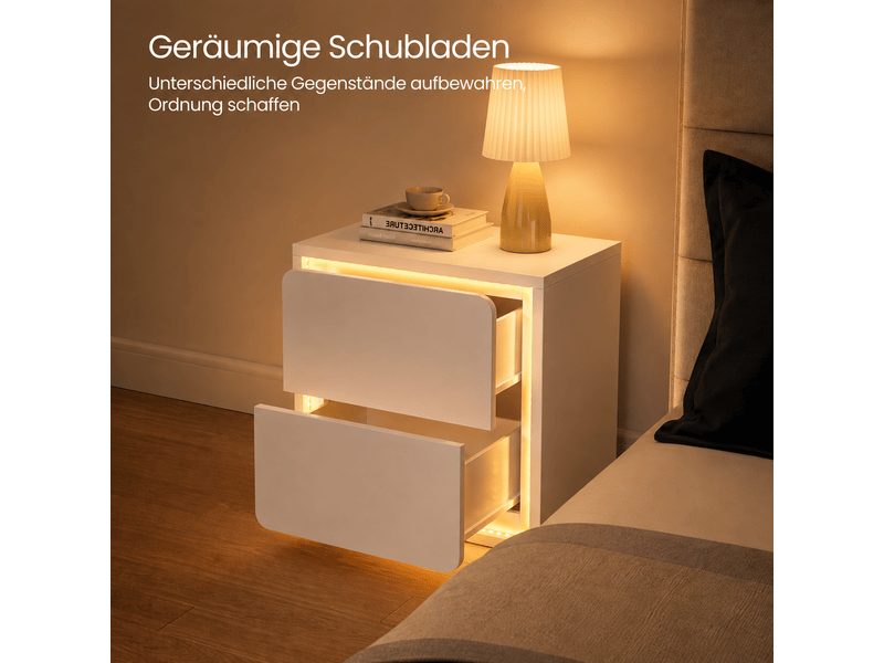  Table de chevet avec éclairage led, 2 tiroirs, 45 x 35 x 47 cm, panneau de particules blanc  - Conforama D